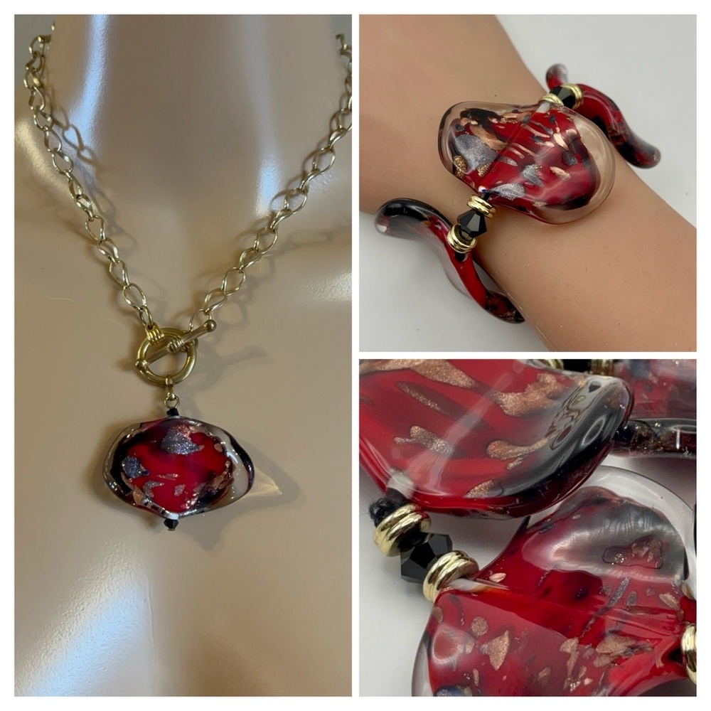 Vibrant Ruby Red & Gold Foil Art Glass Necklace & Bracelet Set – Murano Style